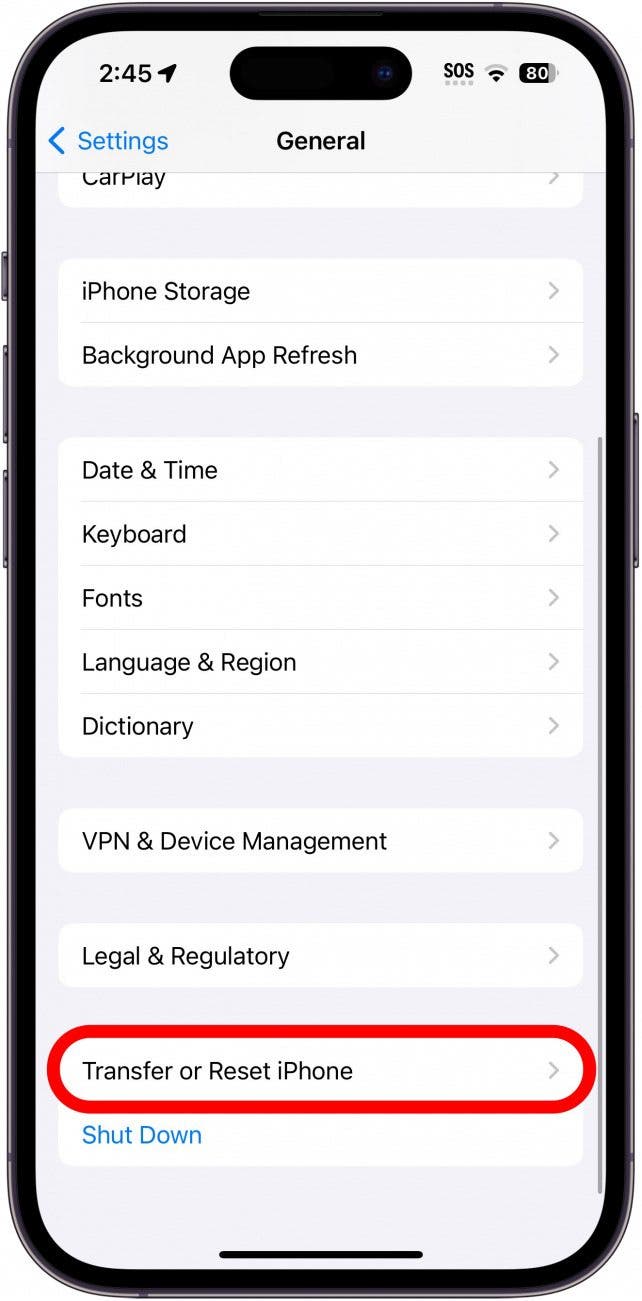 iphone general settings with transfer or reset iphone circled in red