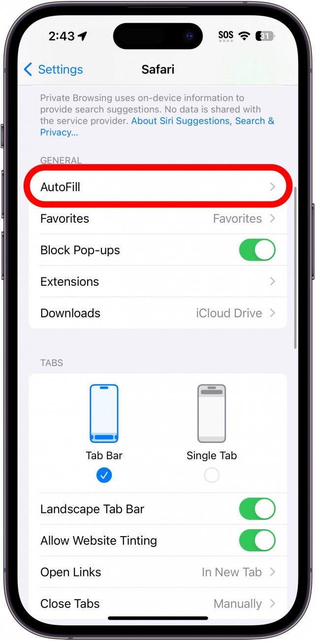 iphone safari settings with autofill circled in red