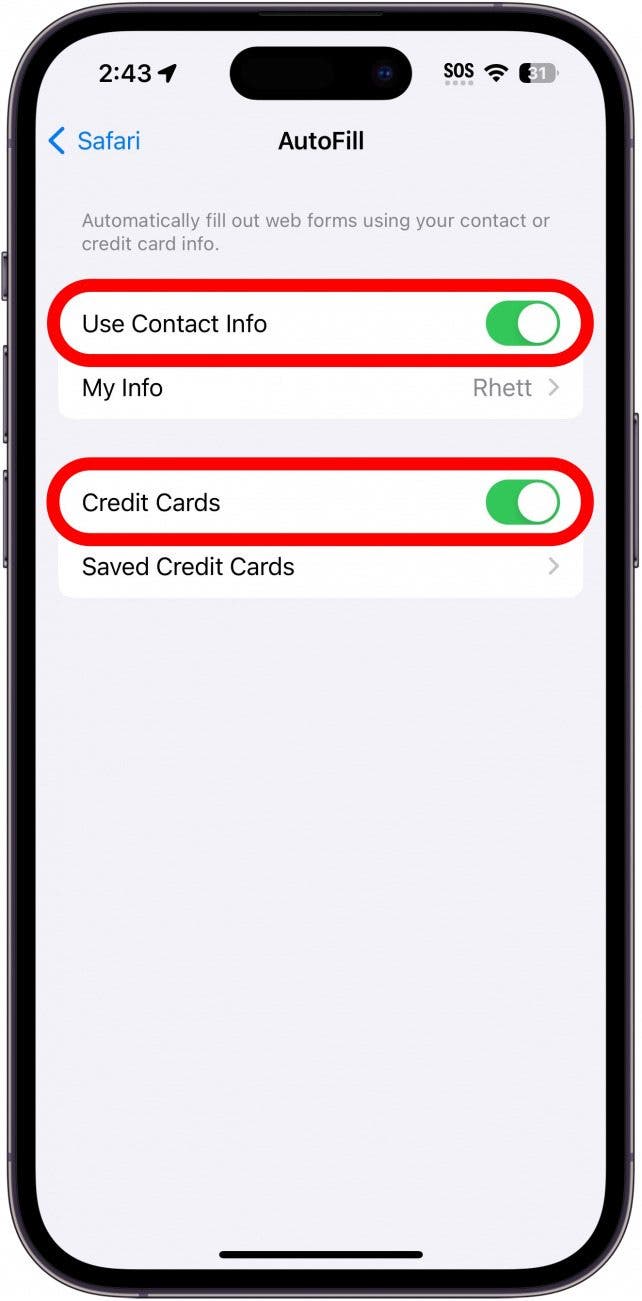 iphone safari autofill settings with use contact info toggle and credit cards toggle circled in red