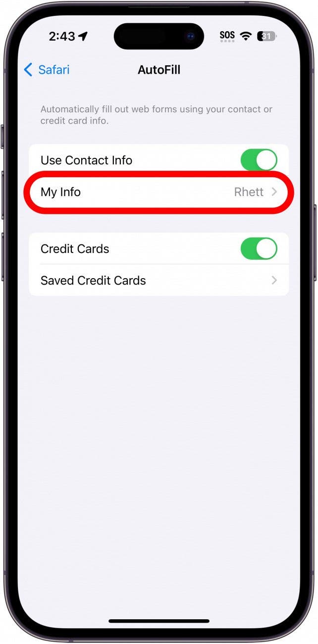 iphone safari autofill settings with my info circled in red