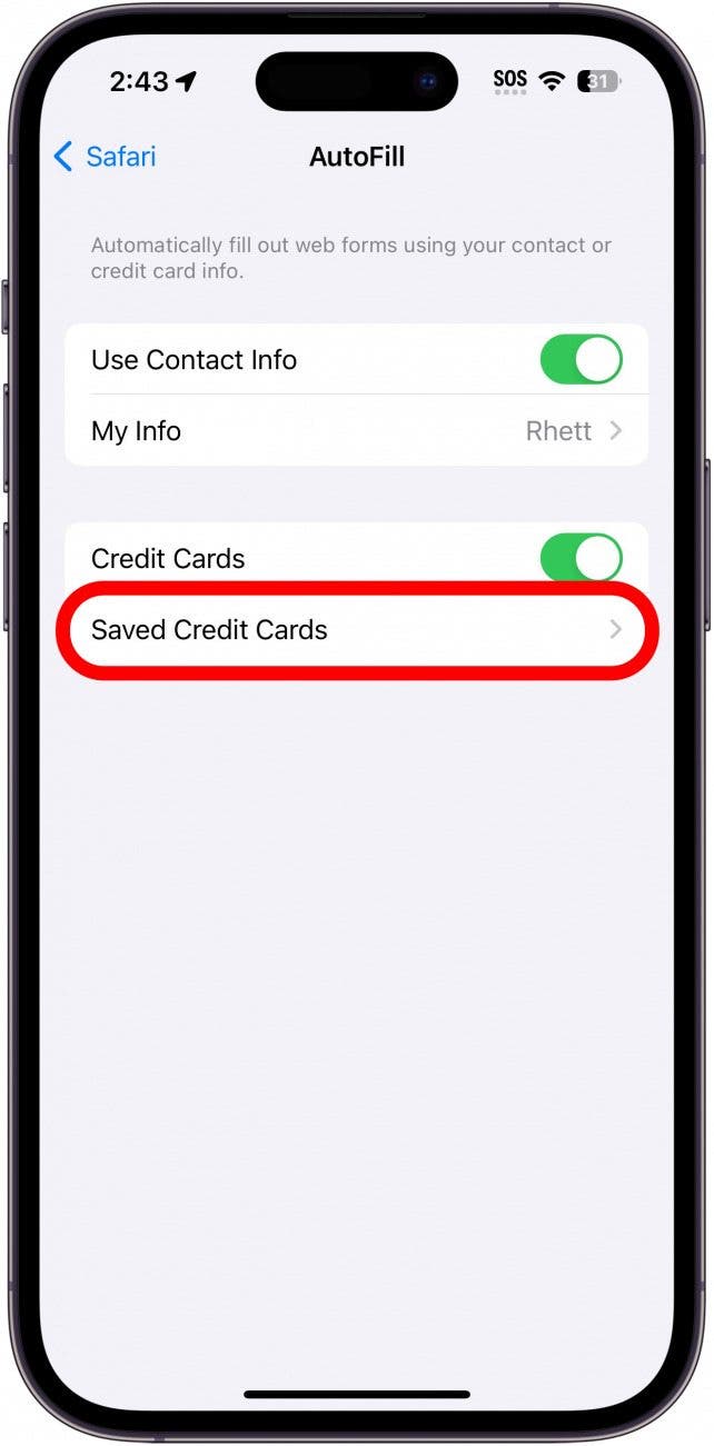 iphone safari autofill settings with saved credit cards circled in red