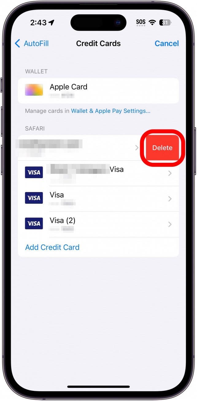 iphone safari autfill credit card settings with delete button circled in red