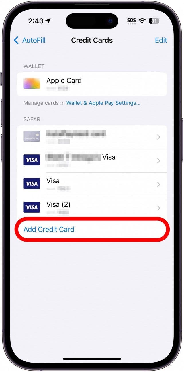 iphone safari autfill credit card settings with add new credit card circled in red