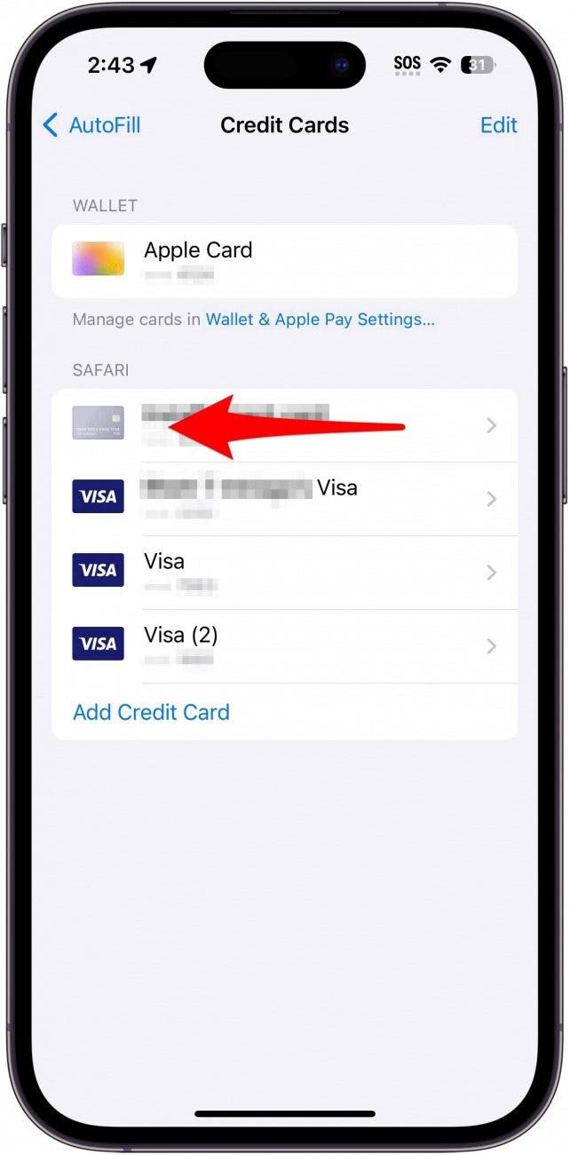 iphone safari autfill credit card settings with red arrow pointing to the left on top of one card, indicating to swipe left on the card