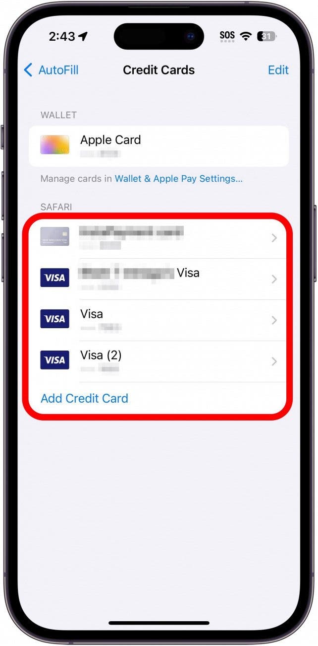 iphone safari autfill credit card settings with a list of cards circled in red