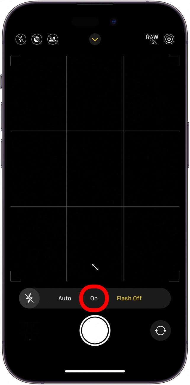 iphone camera app with expanded flash controls for auto, on, and off, with on circled in red