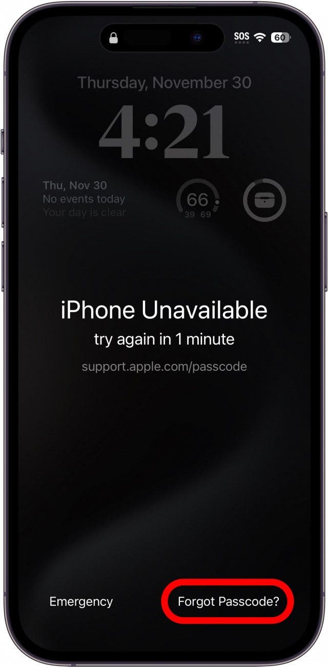 iphone unavailable screen with a red circle around the forgot passcode button