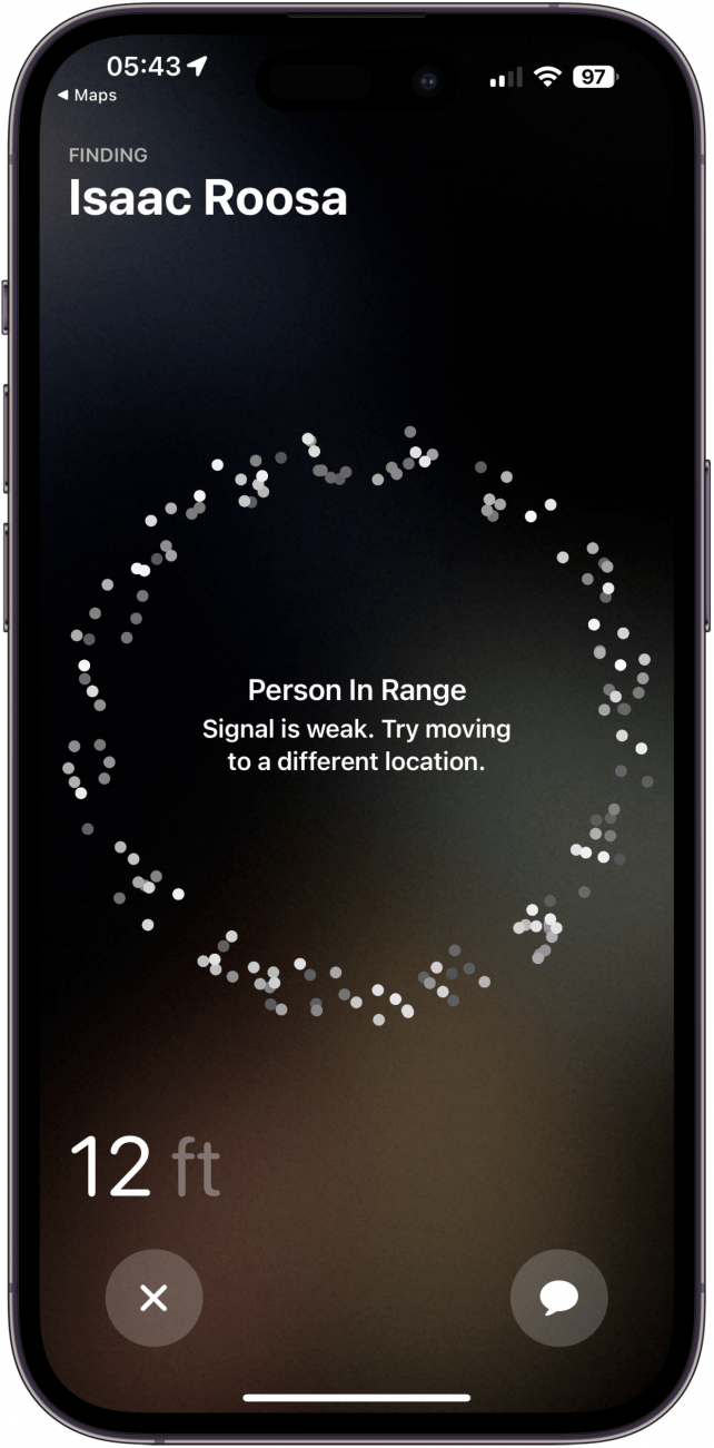 iphone precision finding screen showing a signal is weak message