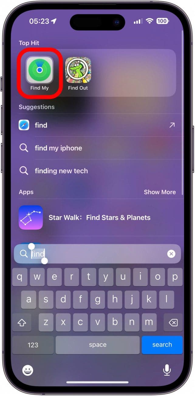 iphone spotlight search with Find My app circled in red