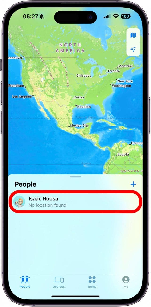 iphone find my app people tab with person circled in red