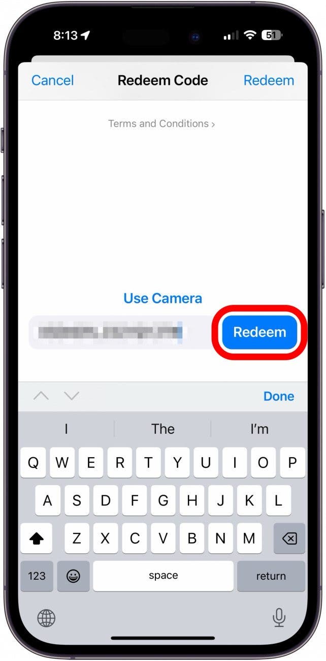 app store code redeem screen a code entered into the text entry field and a red circle around the redeem button