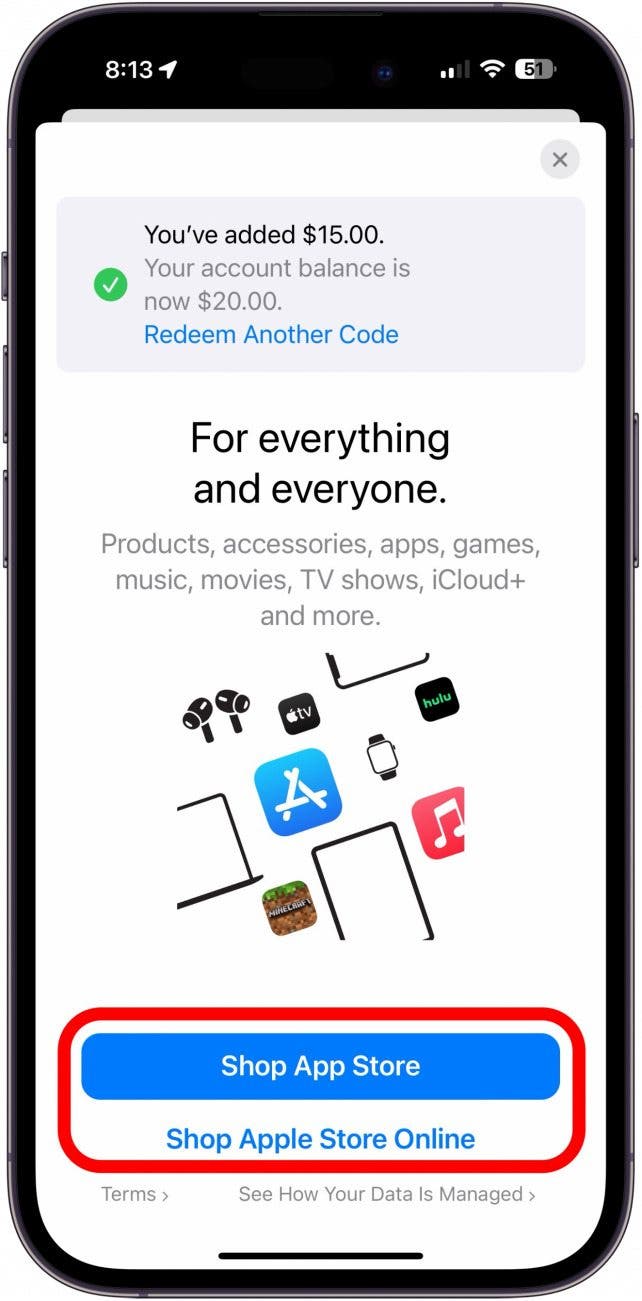 app store code post redemption screen showing a red circle around the shop app store and shop apple store buttons