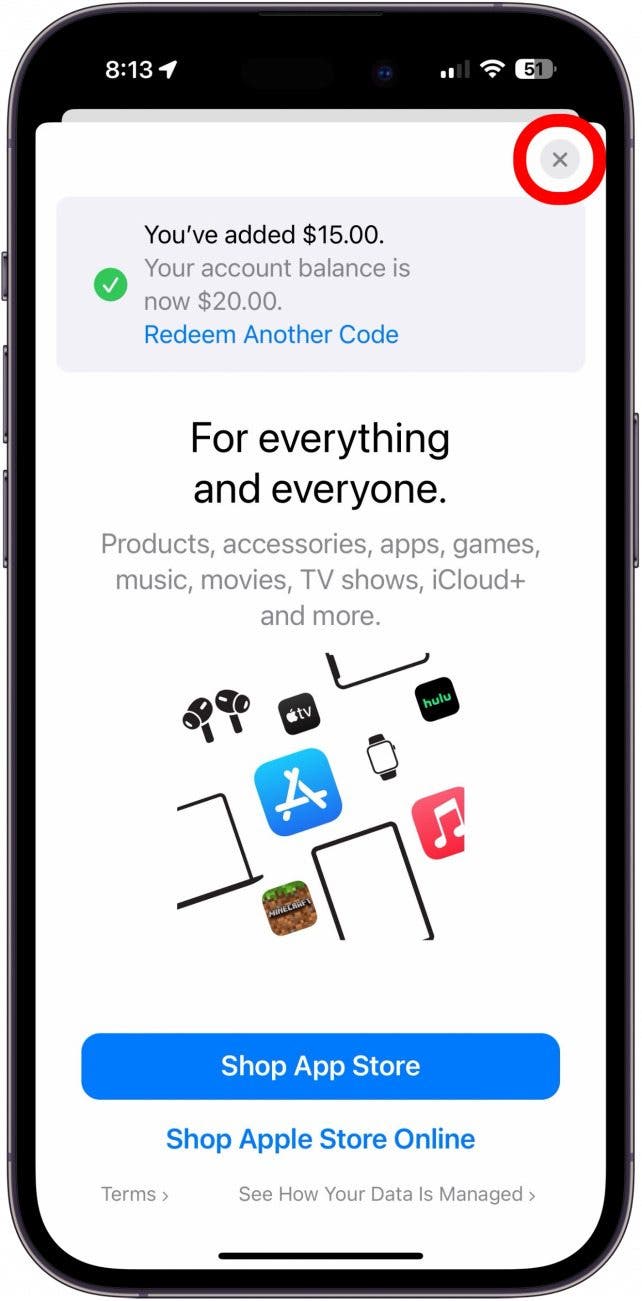 app store code post redemption screen showing a red circle around the close icon in the upper right corner