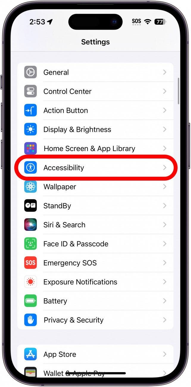 iphone settings with accessibility circled in red