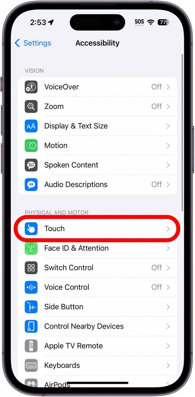 iphone accessibility settings with touch circled in red