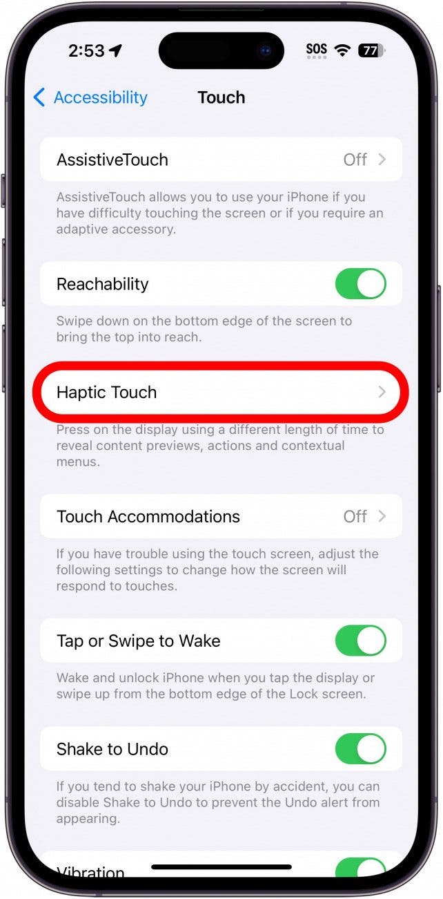 iphone accessibility touch settings with haptic touch circled in red