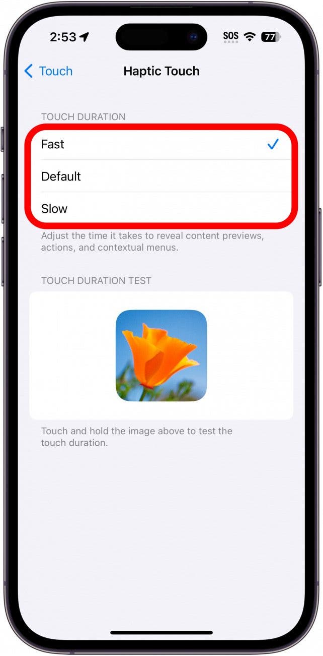 iphone haptic touch settings with a red circle around the fast, default, and slow speeds