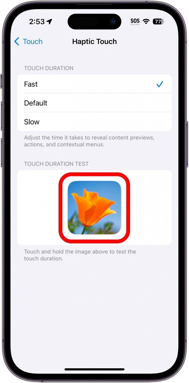 iphone haptic touch settings with a red circle around the touch duration test image, indicating for the user to tap and hold on the image