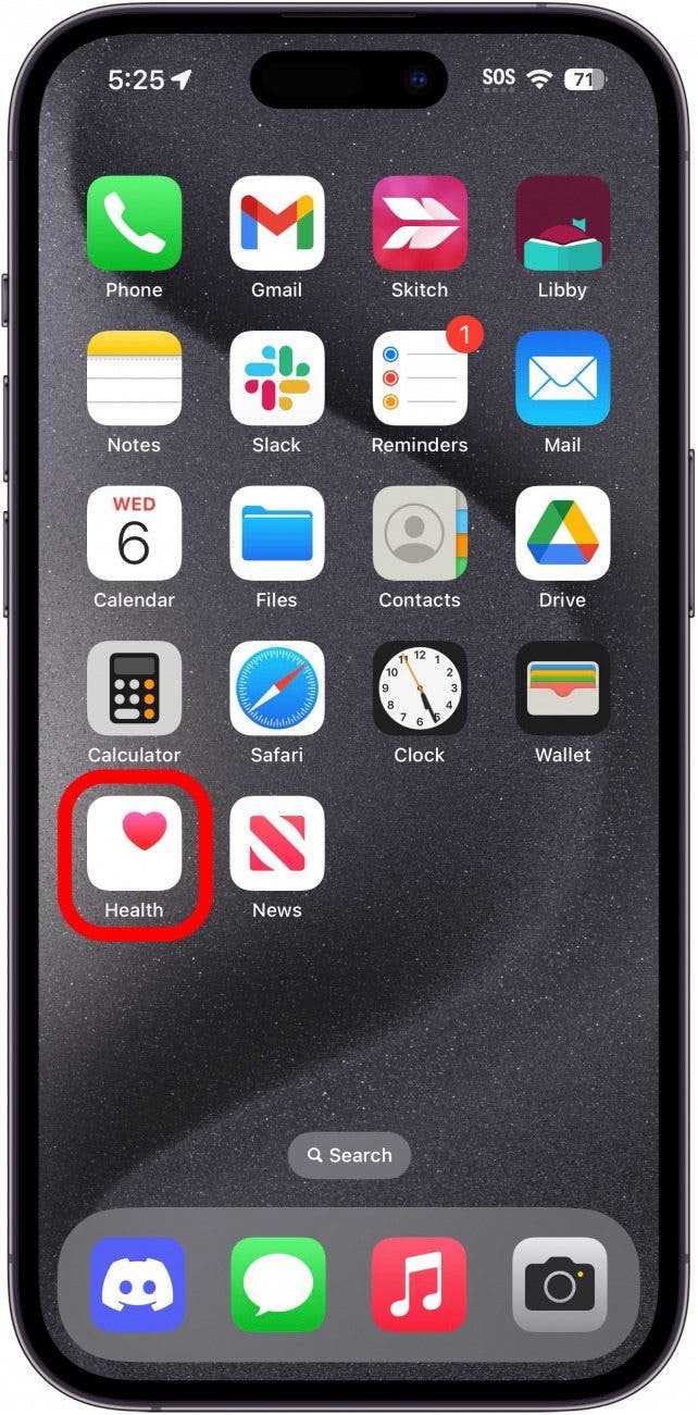 iphone home screen with a red circle around the health app