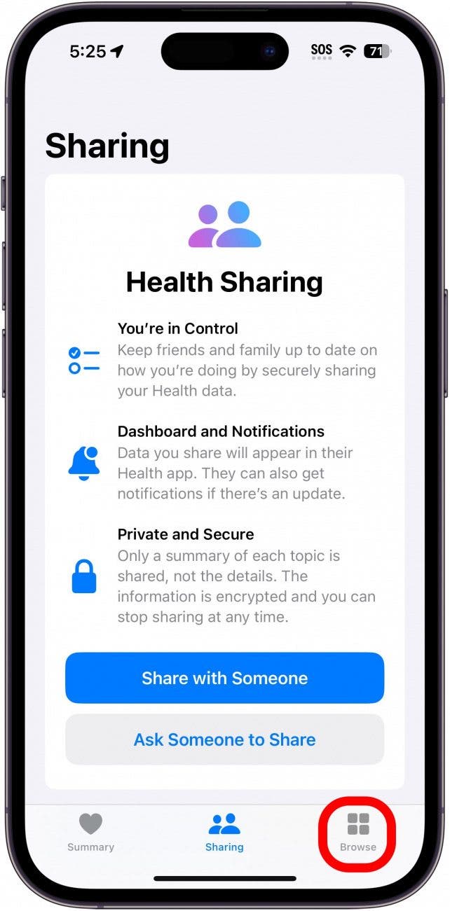 iphone health app with the browse tab circled in red