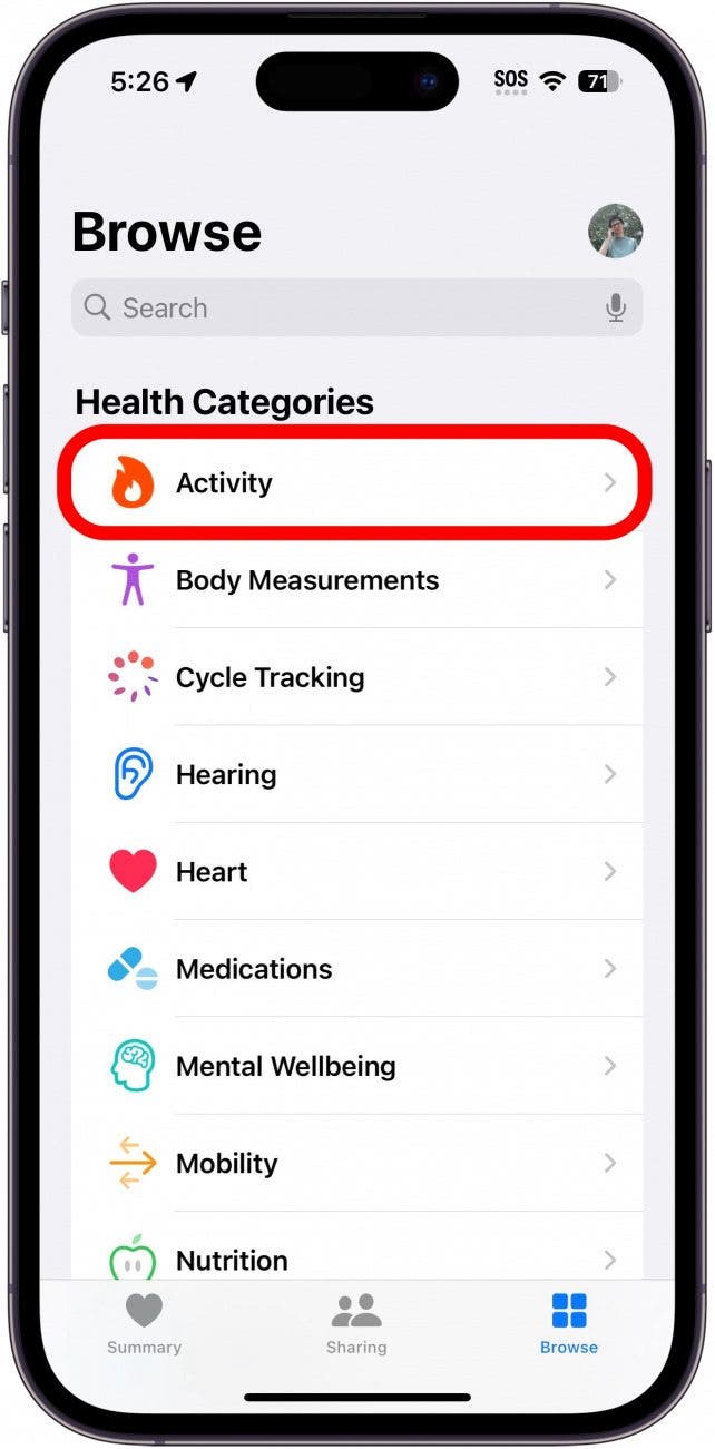 iphone health app browse tab with activity circled in red