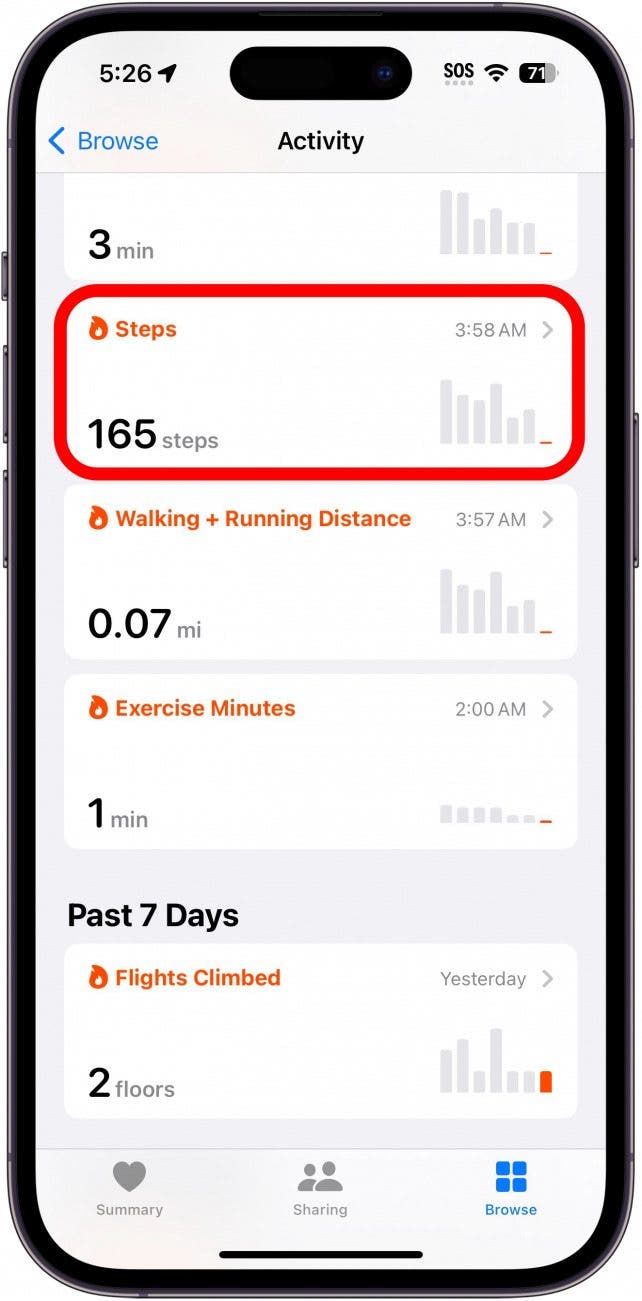 iphone health activity category screen with steps circled in red