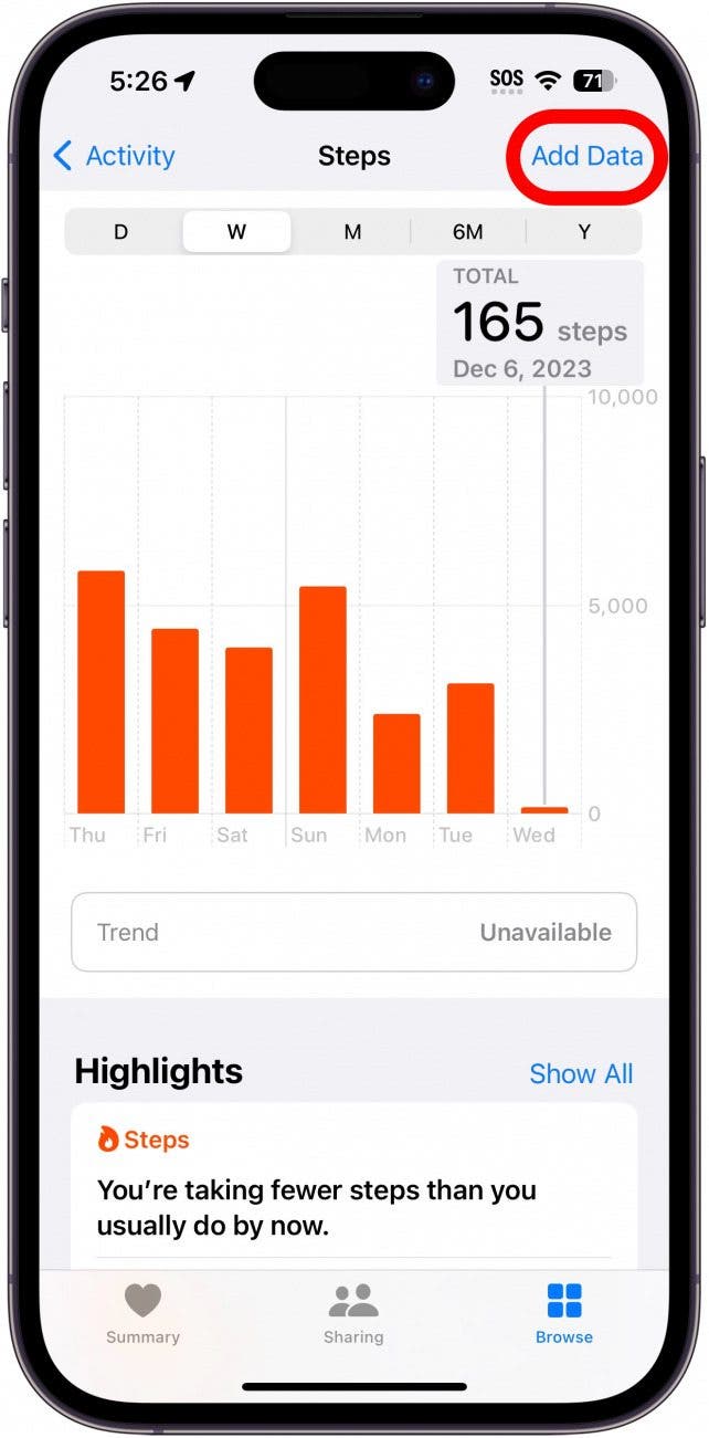 iphone health app steps display with a red circle around the add data button in the upper right corner