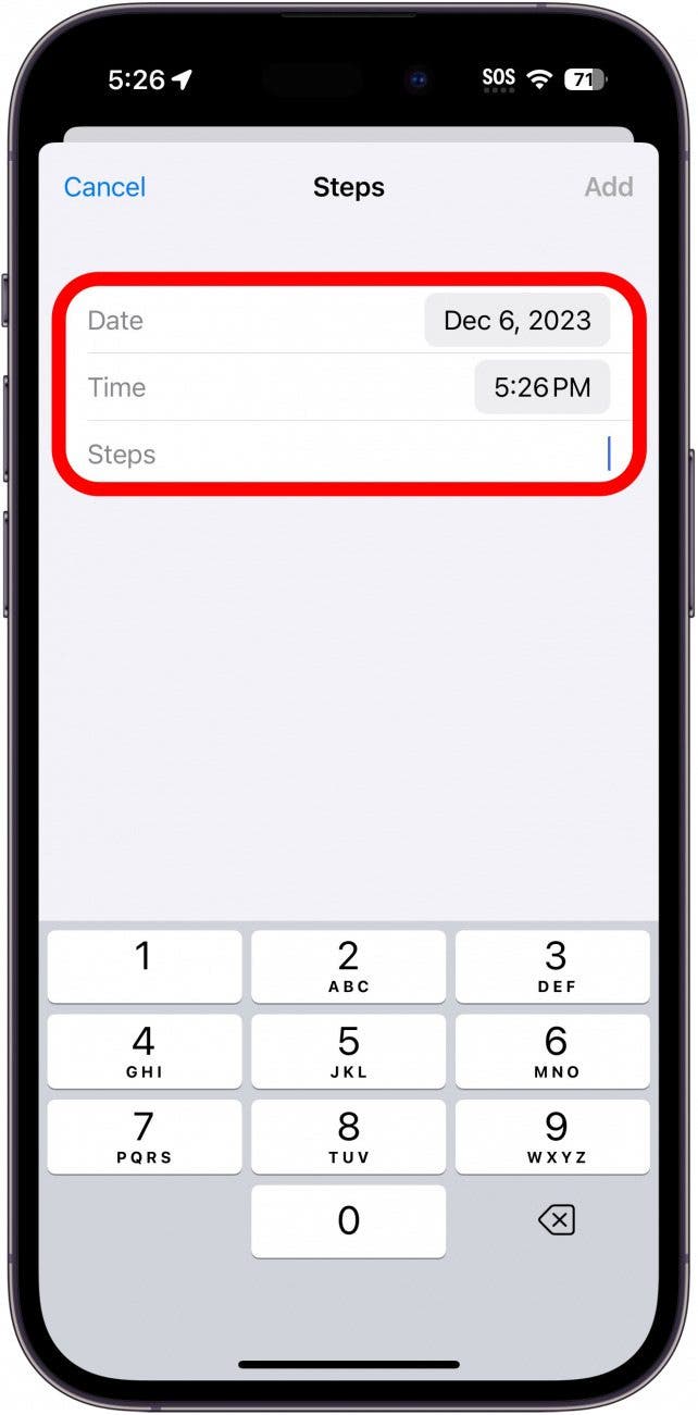 iphone health add data screen with a red circle around date, time, and number of steps
