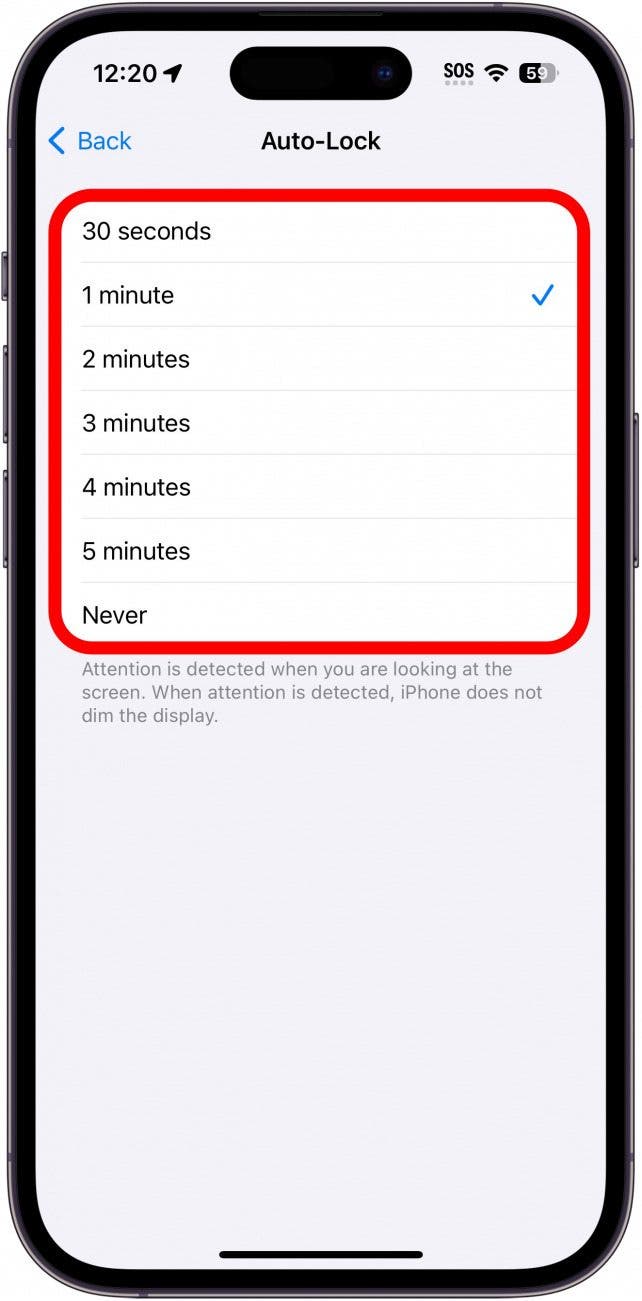 iphone auto lock settings with a red circle around the options for 30 seconds, 1, 2, 3, 4, and 5 minutes, or never