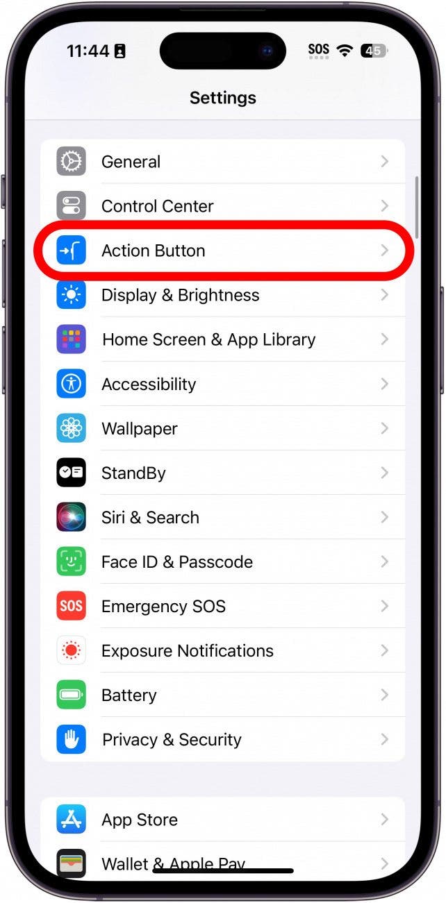 iphone settings with action button circled in red