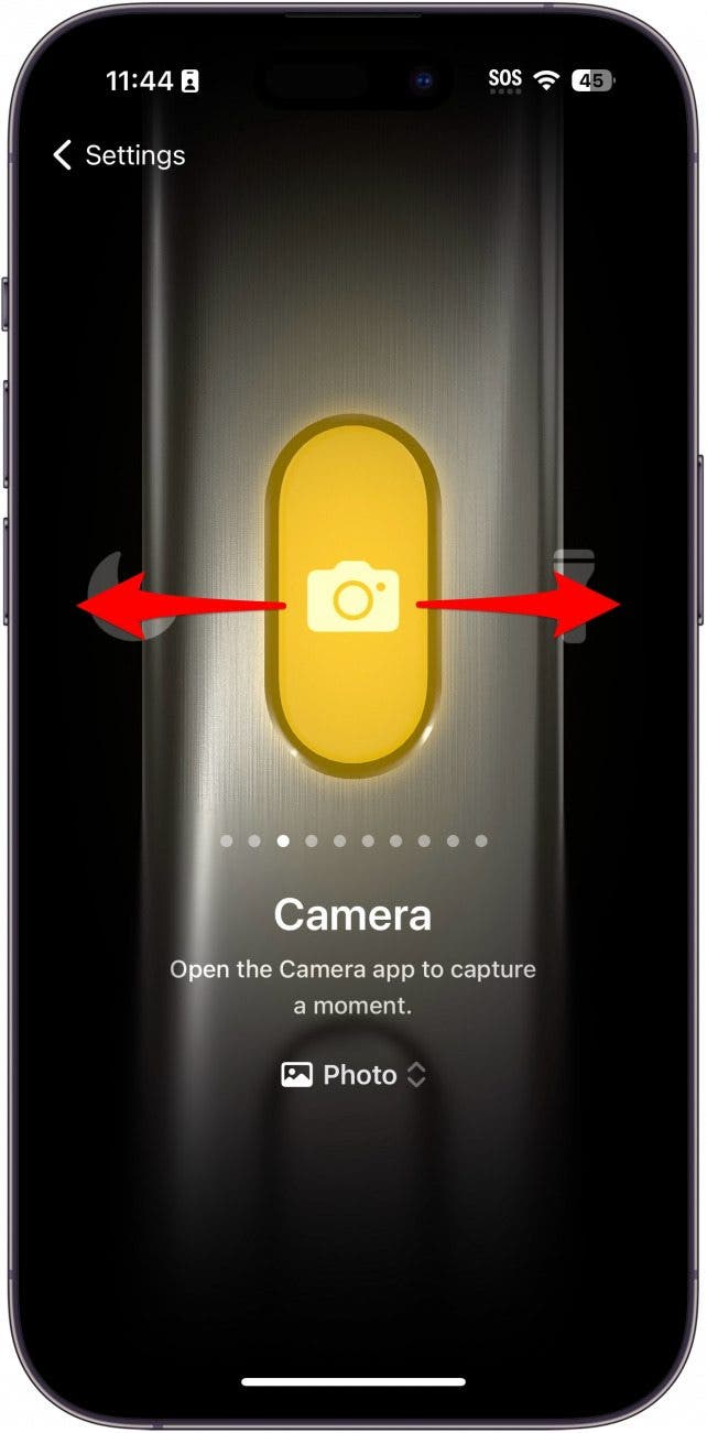 iphone action button settings showing camera icon with a red arrows pointing left and right, indicating to swipe left or right