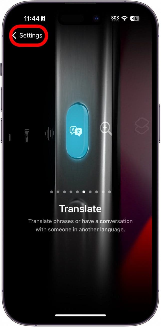 iphone action button settings showing translate icon with a red box around the settings button