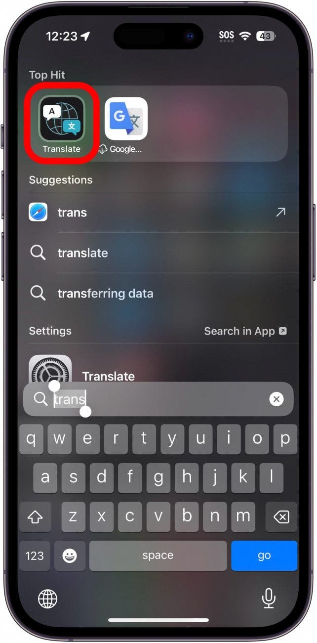 iphone spotlight search with translate app circled in red