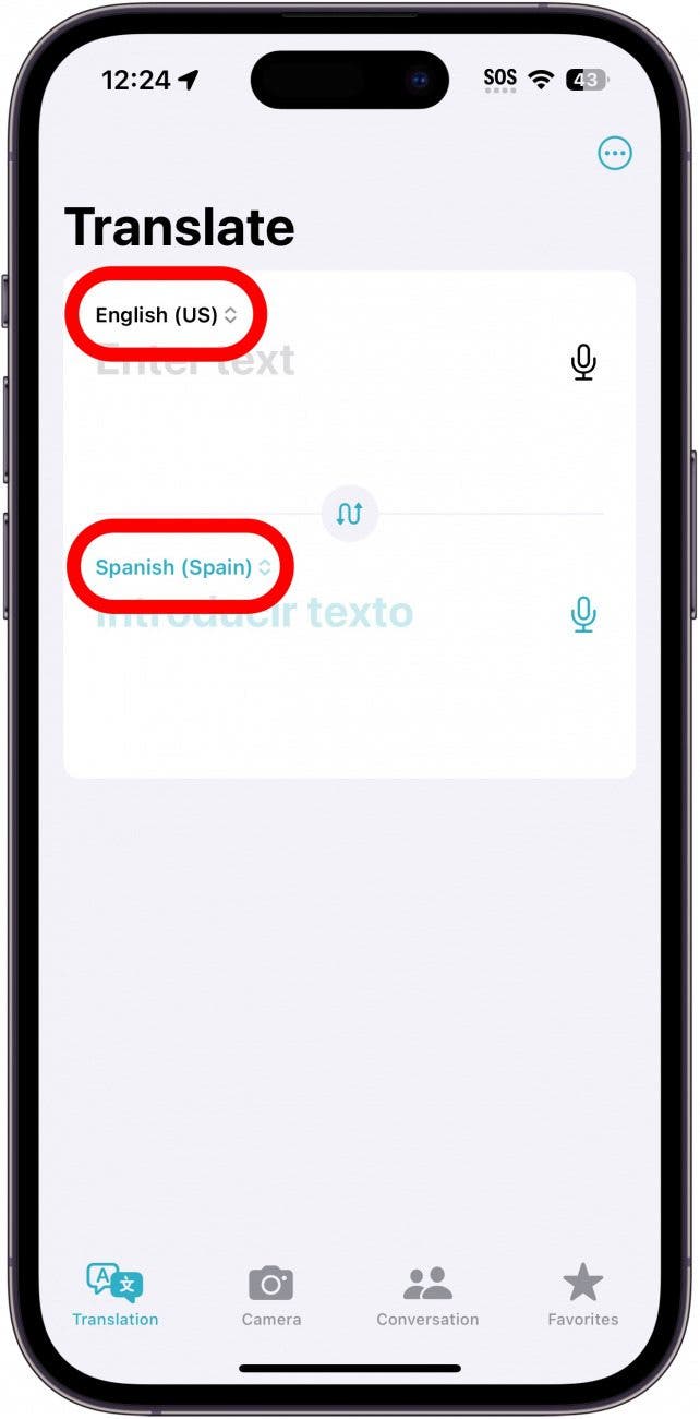 iphone translate app with a red circle around the english and spanish language options