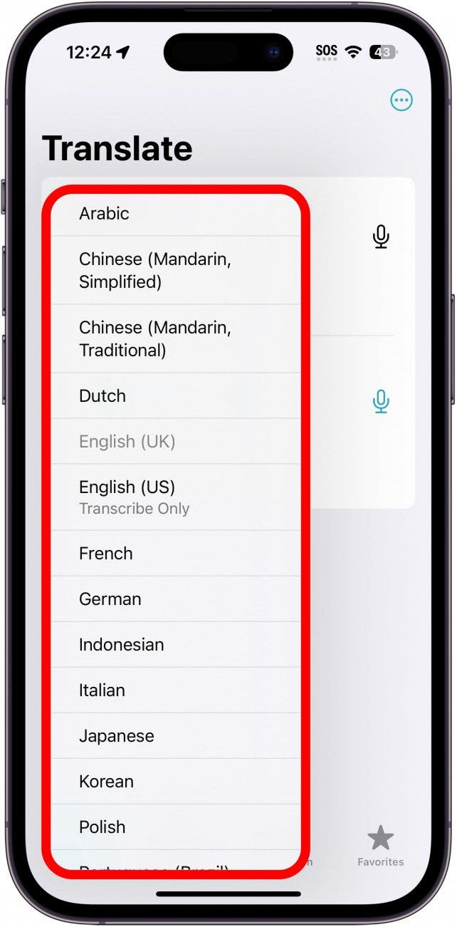 iphone translate app with a red box around the list of languages