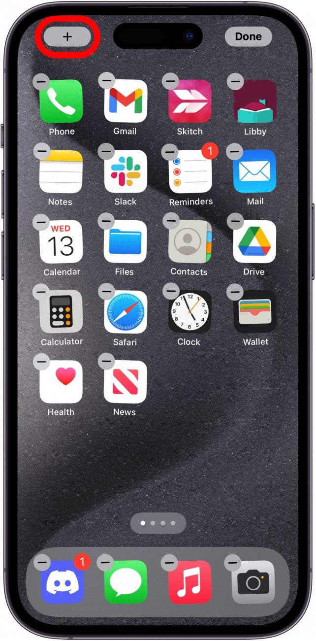 iphone home screen editing screen with a red box around the plus icon in the upper left corner
