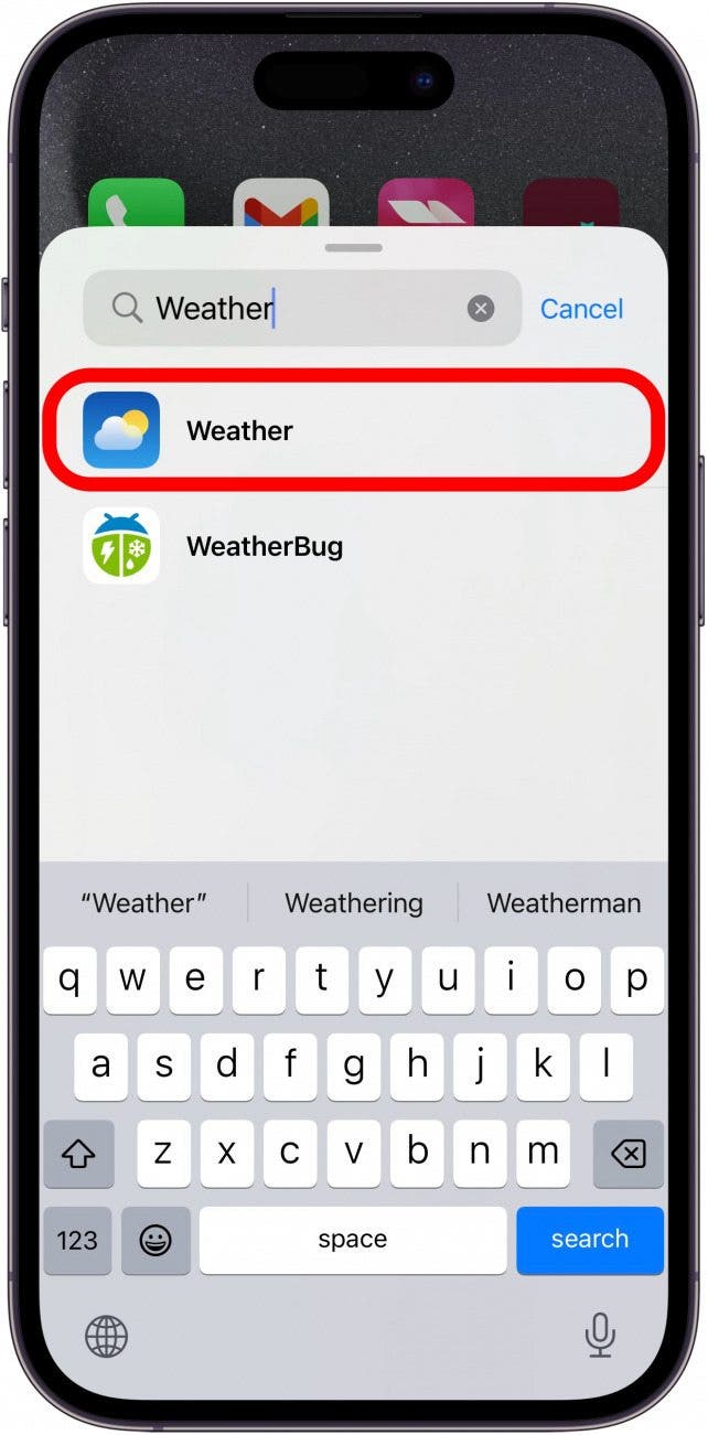 iphone widgets screen with a red box around the weather widget