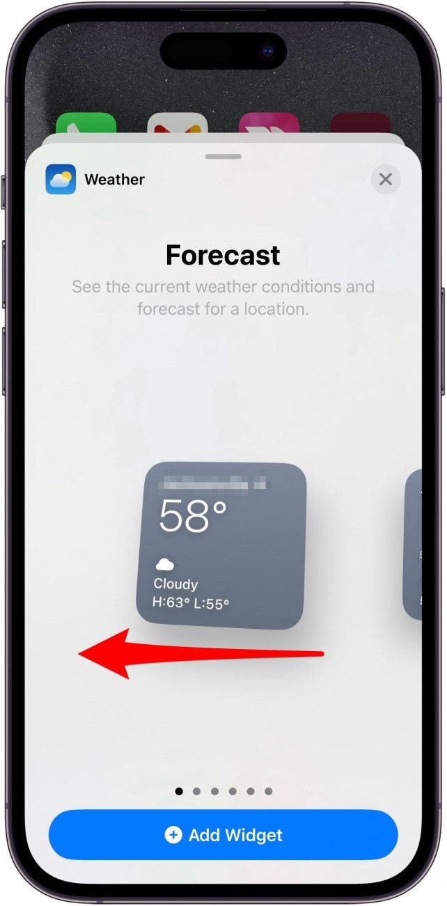 iphone weather widget selection screen displaying the forecast widget with a red arrow pointing to the left, indicating to swipe left