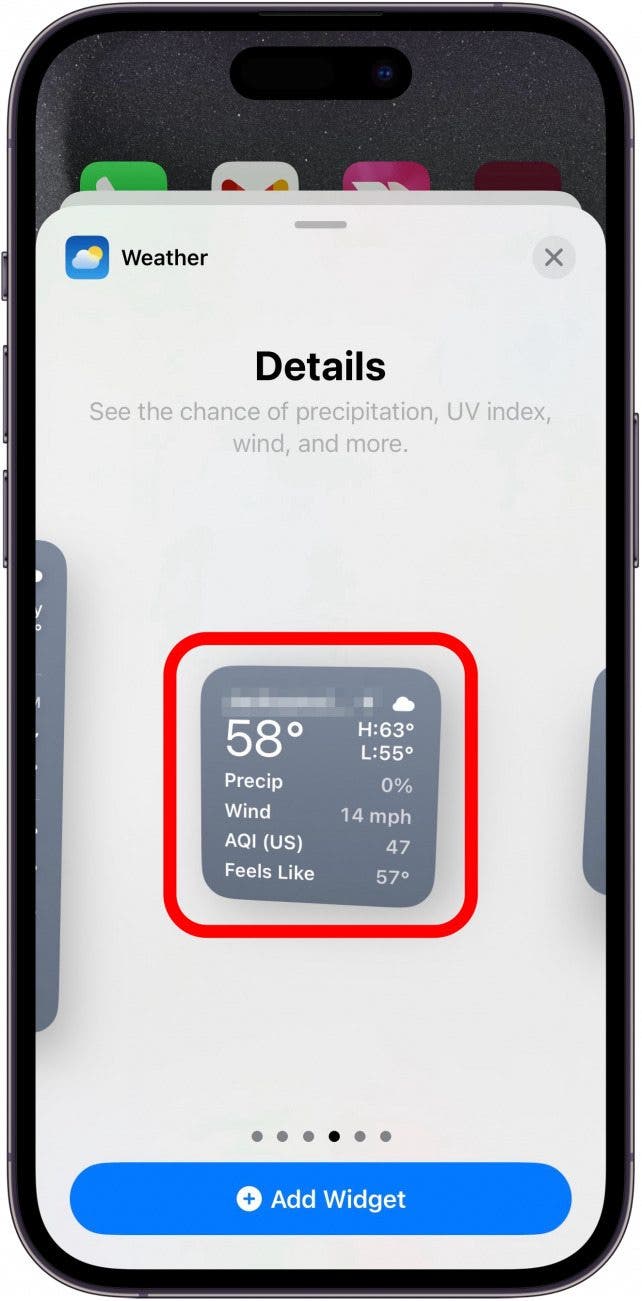 iphone weather widget selection screen with a red box around the details widget