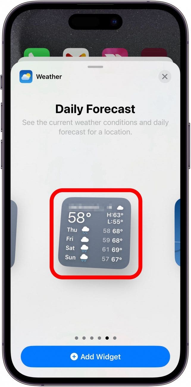 iphone weather widget selection screen with a red box around the daily forecast widget