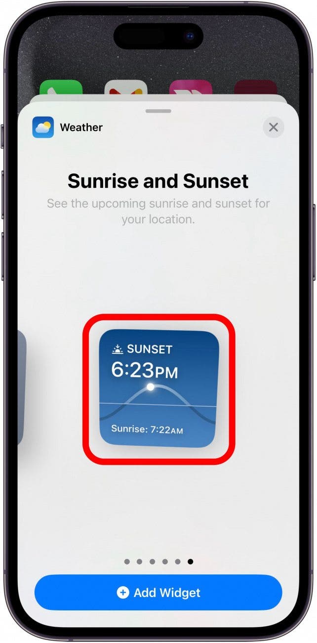 iphone weather widget selection screen with a red box around the sunrise and sunset widget