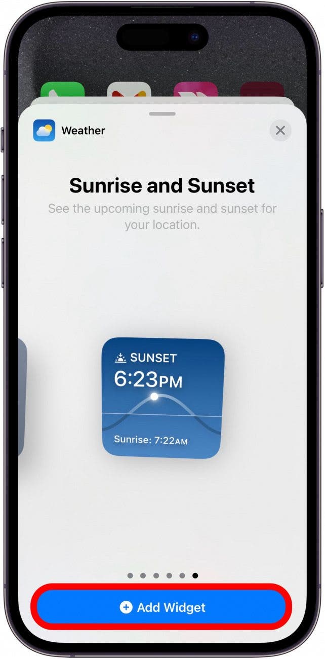 iphone weather widget selection screen displaying the sunrise and sunset widget, with a red box around the add widget button