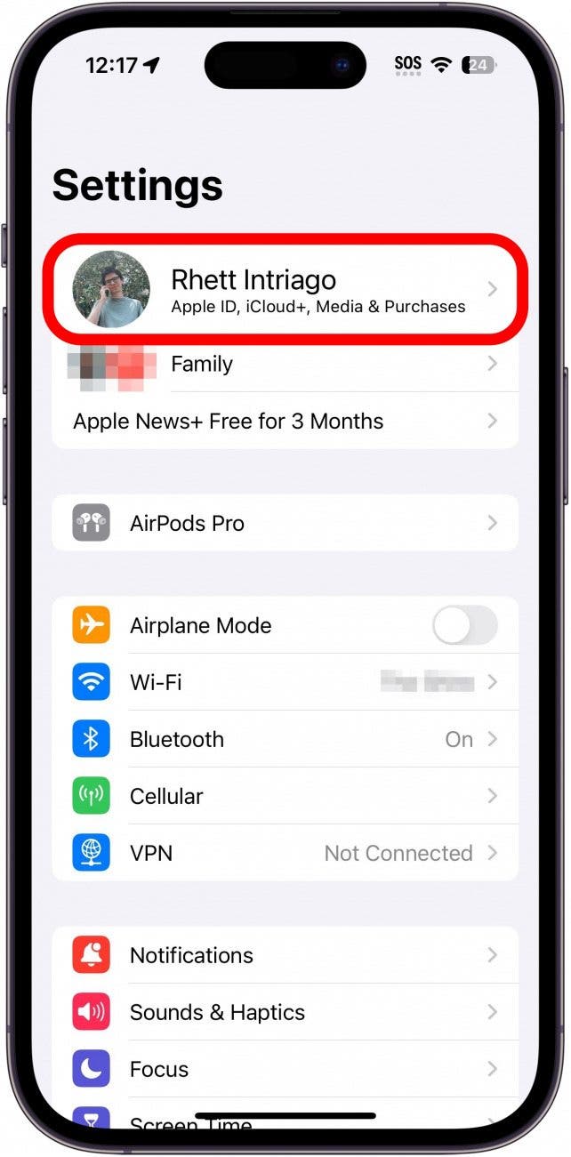 iphone settings with name circled in red