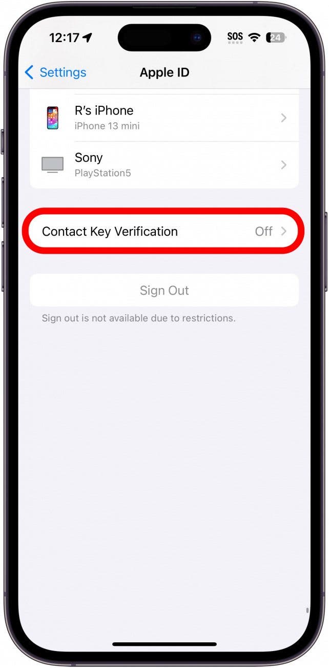 iphone account settings with contact key verification circled in red