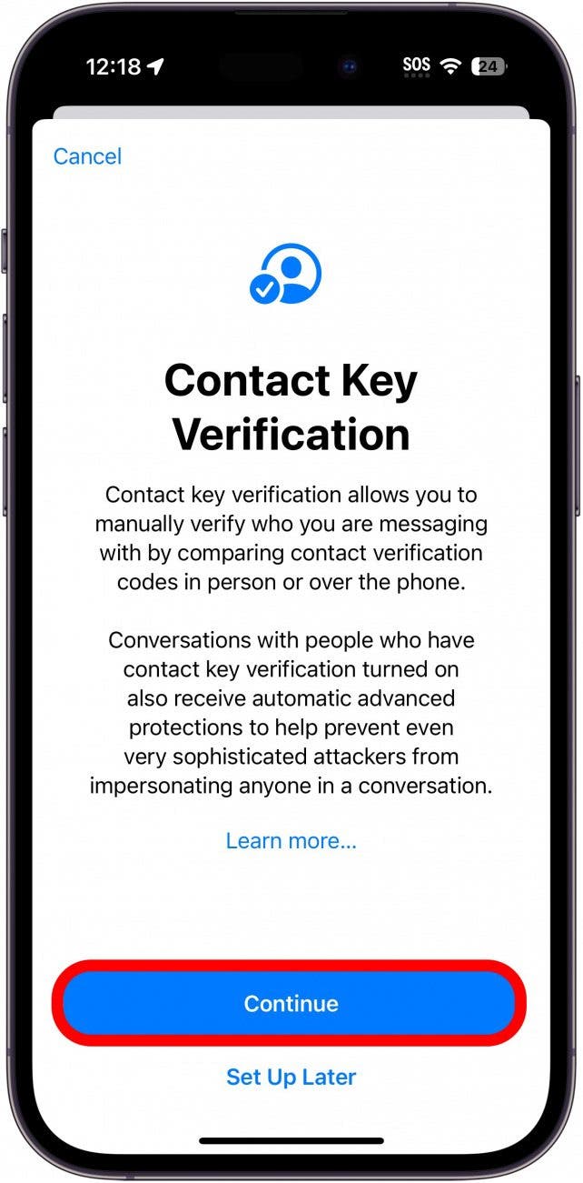 contact key verification setup with continue button circled in red