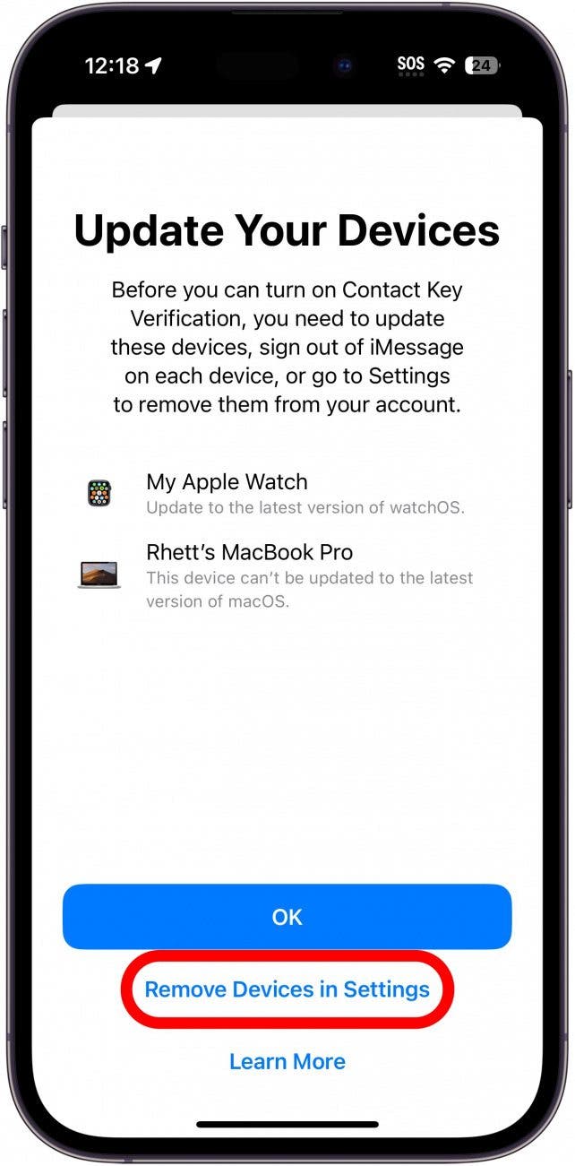 contact key verification with remove devices in settings button circled in red