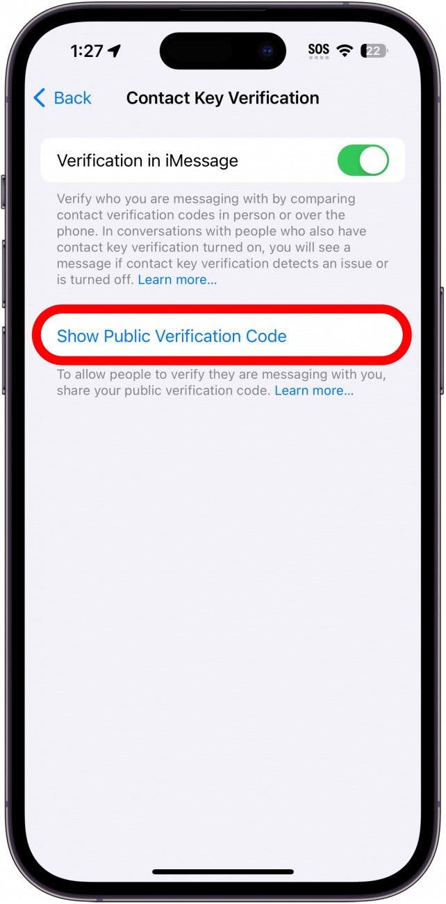 contact key verification settings with show public identification code circled in red