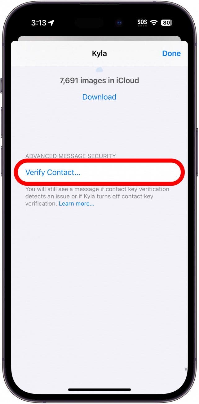 imessage conversation with verify contact button circled in red