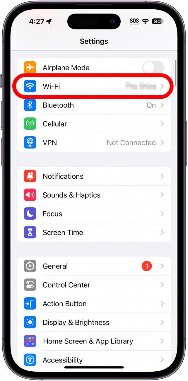 iphone settings with a red circle around Wi-Fi