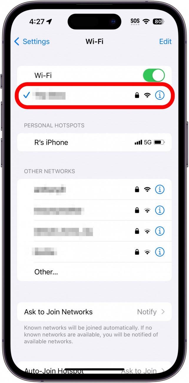 iphone wi fi settings with a red box around the connected wi fi network